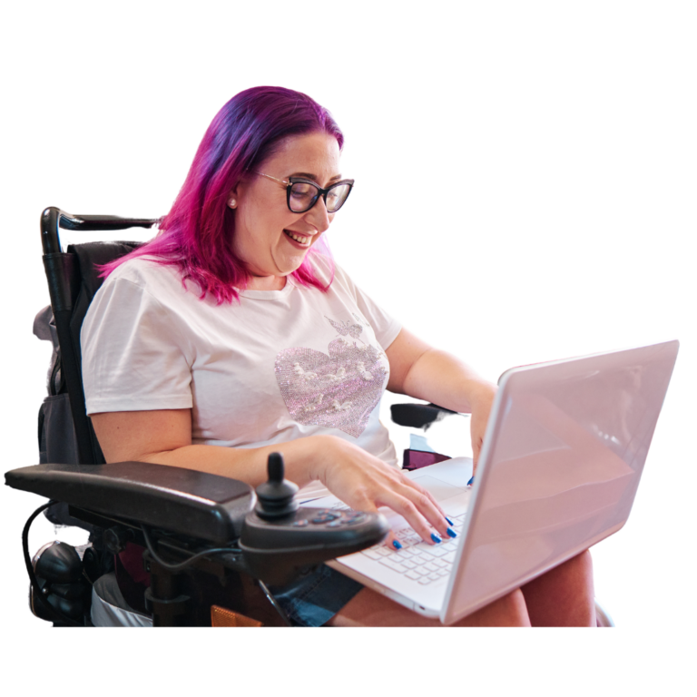 Woman in chair holding device